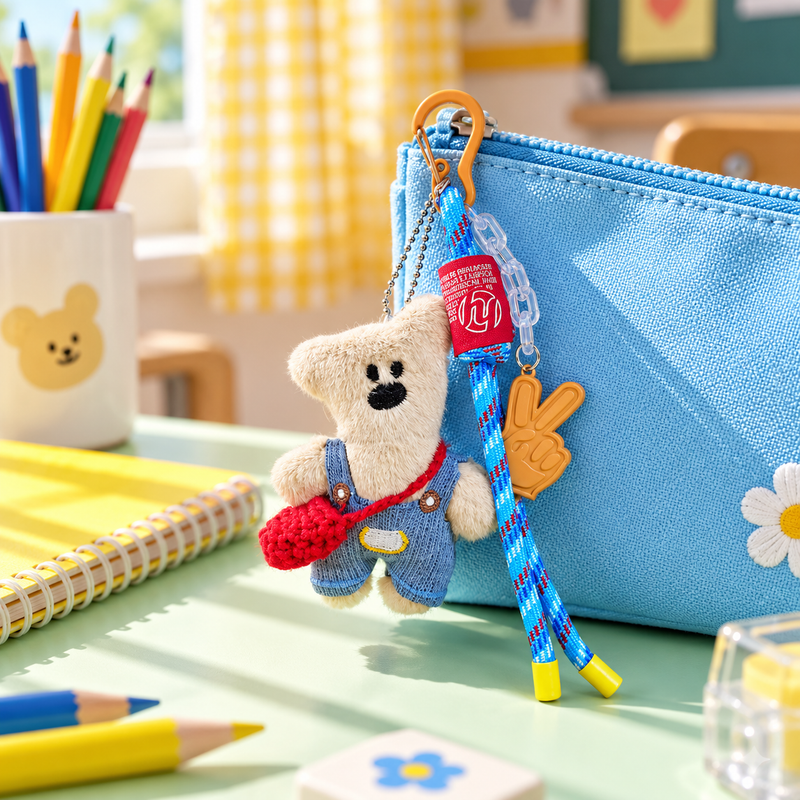 Teddy Bear Plush Keychain in a styled storybook scene