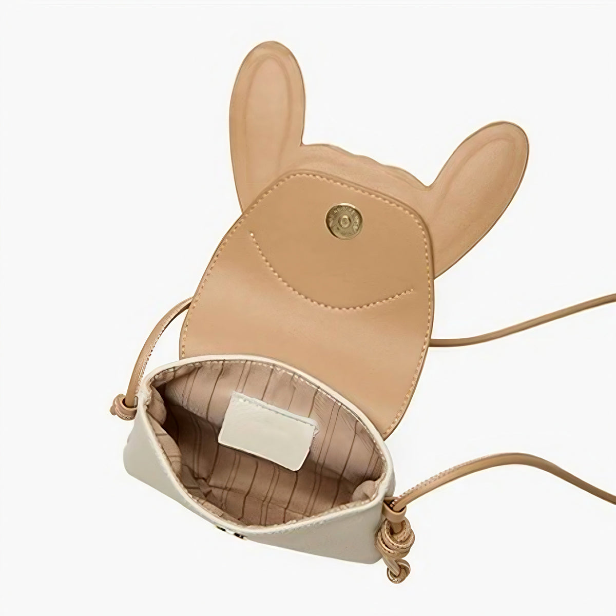 Open rabbit bag showing its lined main compartment and magnetic flap
