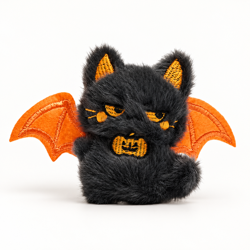 Black fluffy cat plush with orange bat wings, orange embroidered eyes and a jack-o-lantern chest detail on a white background.